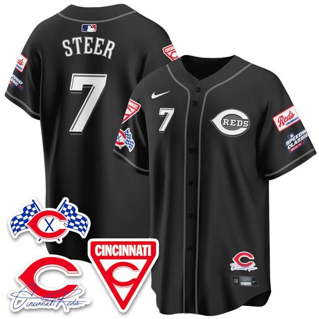 Spencer Steer - 7 Black Jersey Cincinnati Reds 2025 Speedway V2 All Stitched