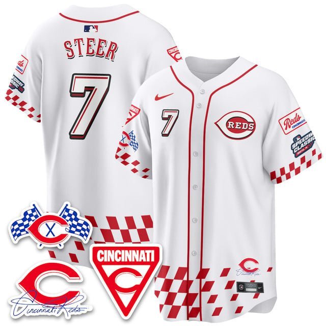 Spencer Steer - 7 White Jersey Cincinnati Reds 2025 Speedway V1 All Stitched