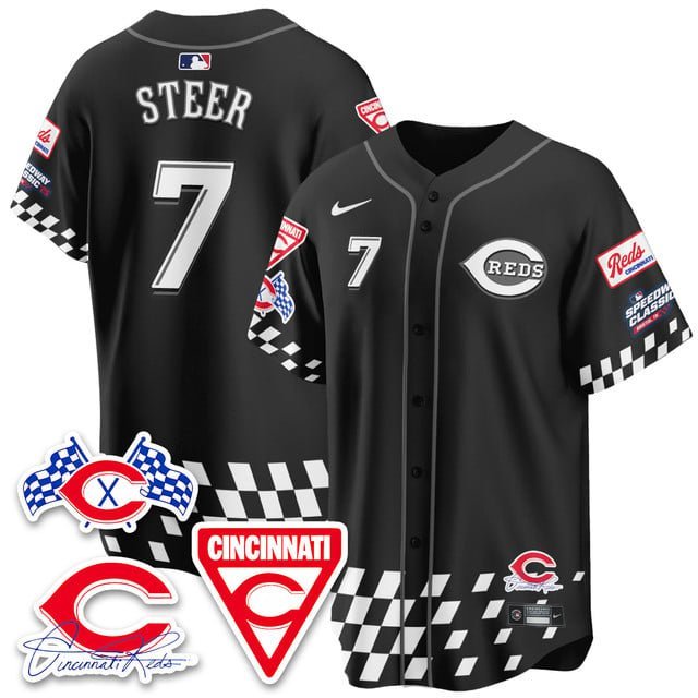 Spencer Steer - 7 Black Jersey Cincinnati Reds 2025 Speedway V1 All Stitched