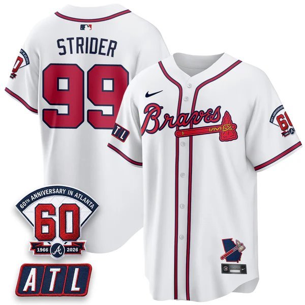 Spencer Strider White Baseball Jersey ATL 2026 60th Anniversary All Stitched