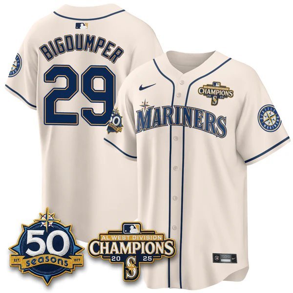 BigDumper Cream Jersey Seattle Mariners 50th Anniversary & AL West Division Champions Stitched