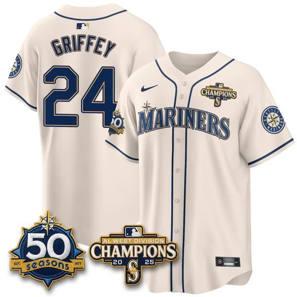 Ken Griffey Cream Jersey Seattle Mariners 50th Anniversary & AL West Division Champions Stitched