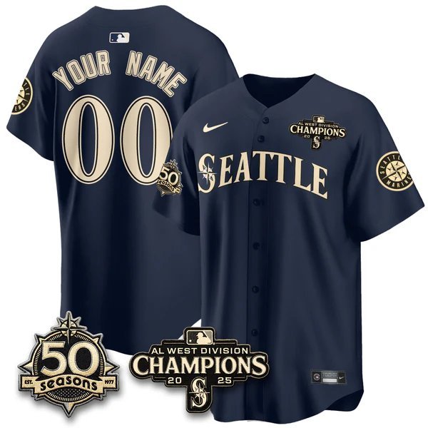 Custom Navy Jersey Seattle Mariners 50th Anniversary & AL West Division Champions Stitched