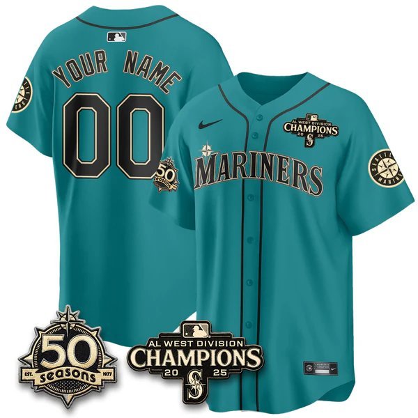 Custom Teal Jersey Seattle Mariners 50th Anniversary & AL West Division Champions Stitched