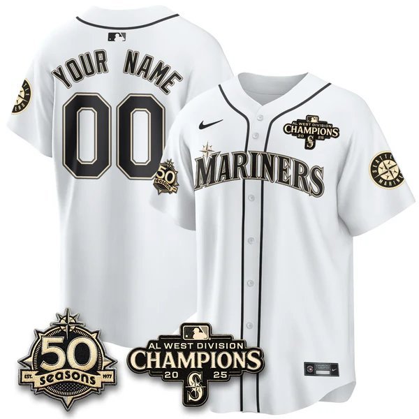 Custom White Jersey Seattle Mariners 50th Anniversary & AL West Division Champions Stitched