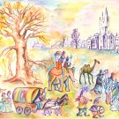 Watercolor painting, Traveling circus artists, surreal drawing