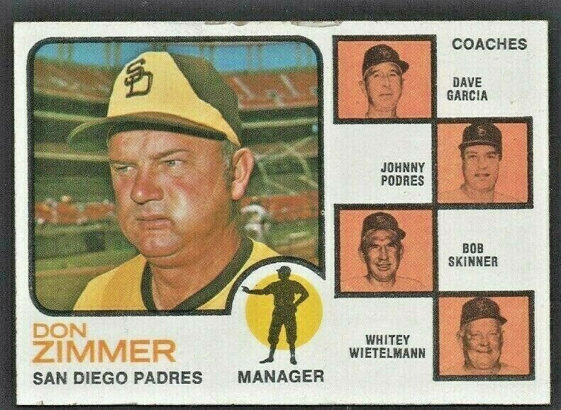 San Diego Padres Don Zimmer Johnny Podres No Ear Variation 1973 Topps # 12 !