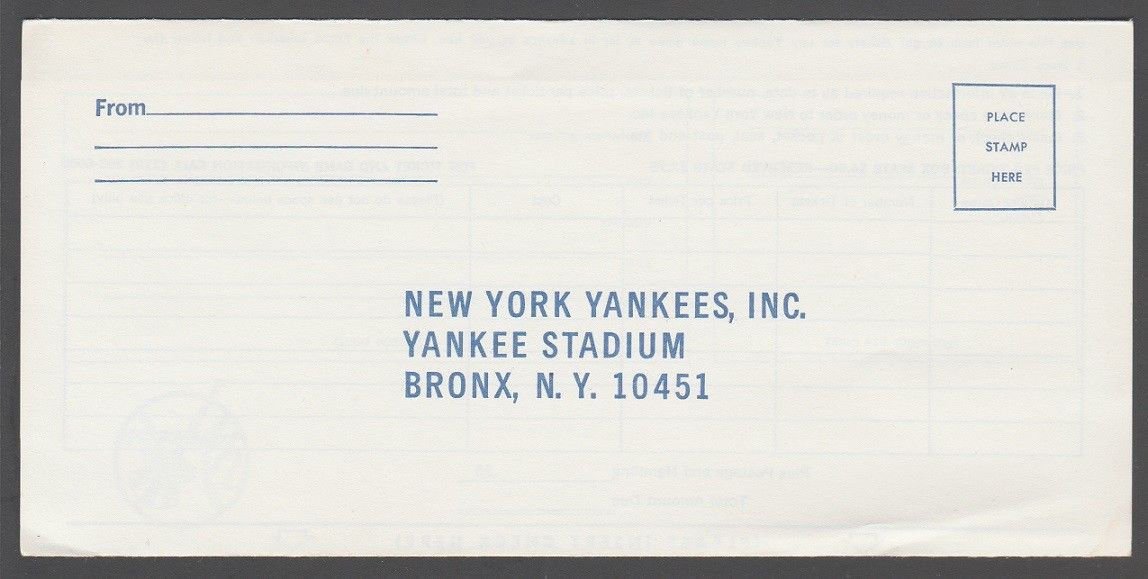 1972 New York Yankees Yankee Stadium Ticket Order Envelope