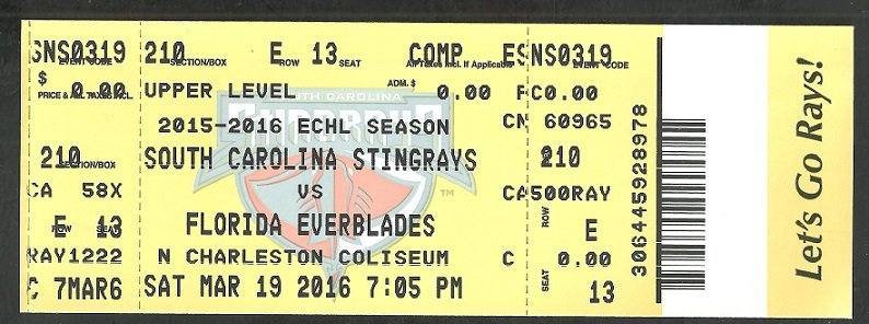 ECHL Charleston South Carolina Stingrays 2016 Ticket vs Florida Everblades