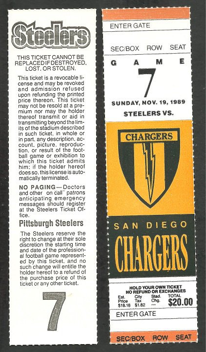San Diego Chargers Pittsburgh Steelers 1989 Ticket printers proof