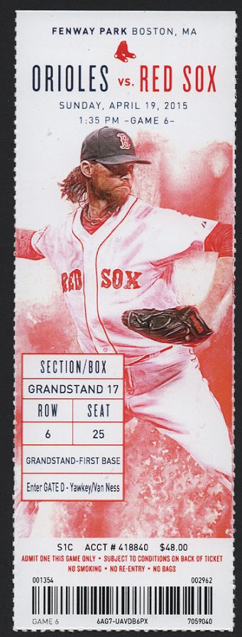 Baltimore Orioles Boston Red Sox 2015 Ticket Adam Jones Ryan Flaherty Hanley Ramirez HR x