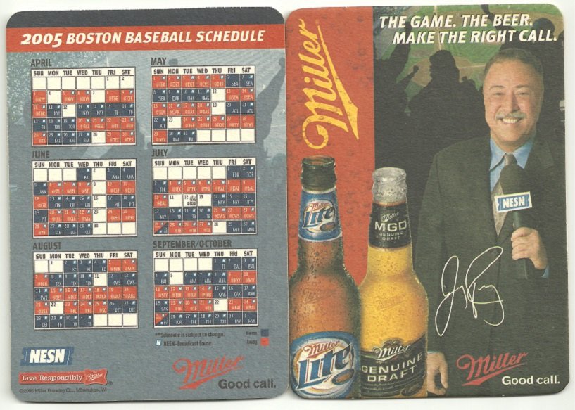 Lot of 10 2005 Boston Red Sox Miller Beer Coaster Schedules with Jerry Remy