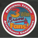 Atlanta Braves 1992 3 Million Fans Window Decal National League Attendance Champions