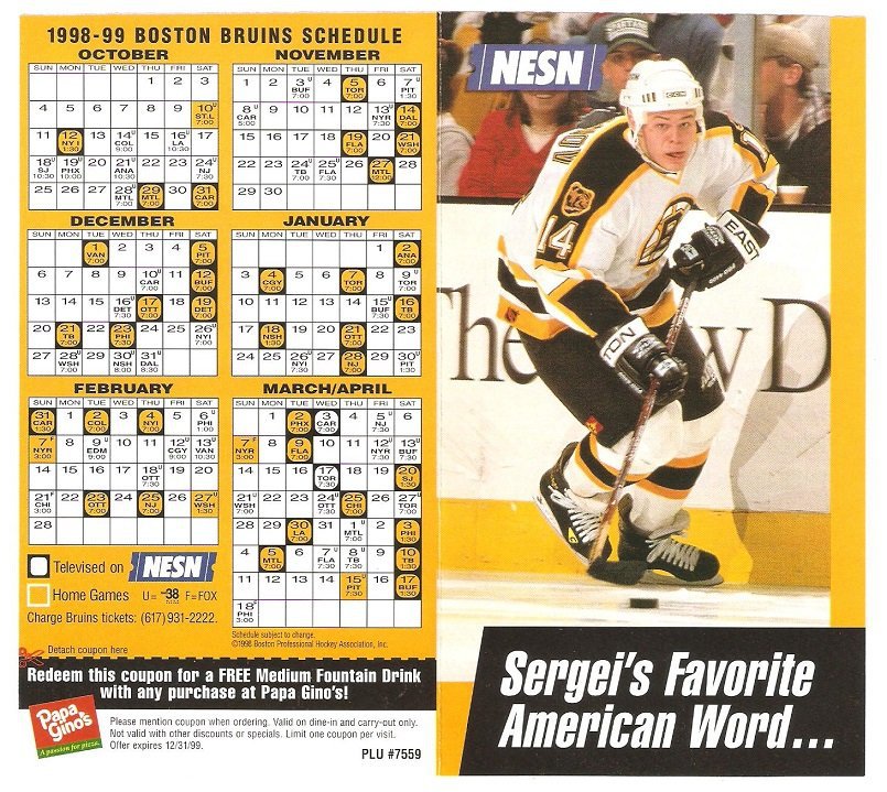 Boston Bruins 1998 1999 Schedule Pamphlet Sergei Samsonov