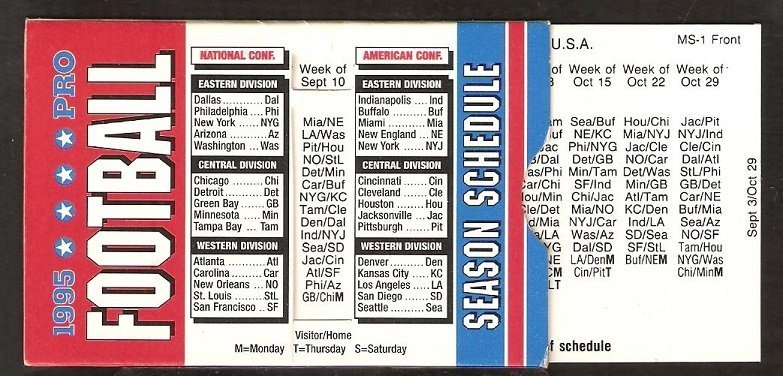 1995 NFL Week By Week Sliding Pocket Schedule Moynihan Lumber Beverly Ma.