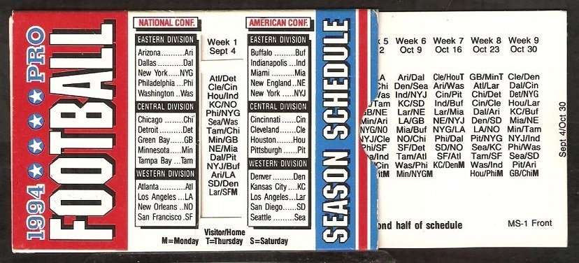 1994 NFL Week by Week Sliding Pocket Schedule Dawson's True Value Hardware Beverly MA