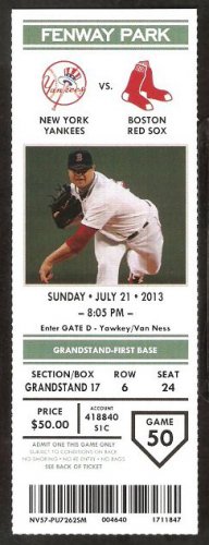 New York Yankees Boston Red Sox 2013 Ticket Mike Napoli 2 Jonny Gomes HR Gardner Cano