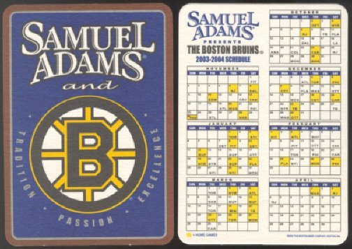 2 Boston Bruins Sam Adams Beer 2003 2004 Cardboard Coaster Schedule
