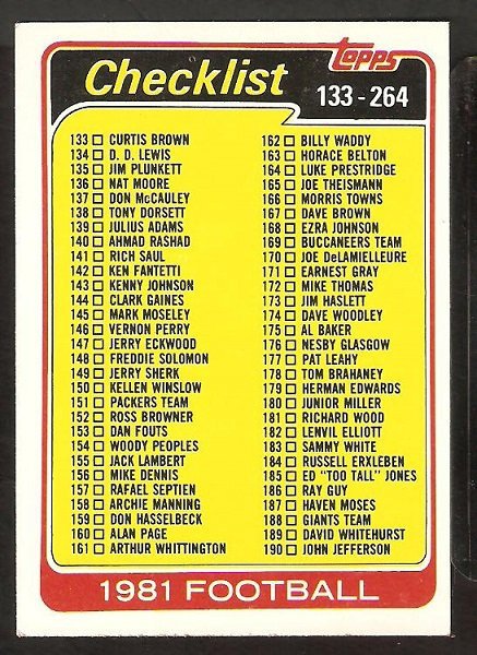 1981 Topps football Card Checklist # 259 Cards 133-264 unmarked