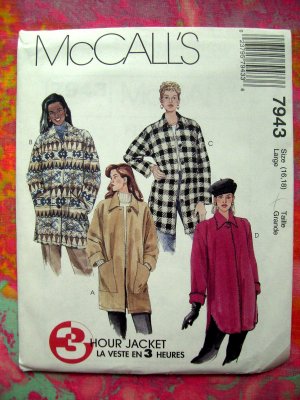 McCalls Pattern #7943 Misses COAT Size 16 18  UNCUT 1995