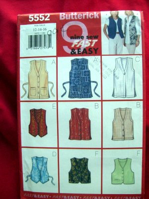 Butterick Pattern # 5552 UNCUT Misses Vest 9 Styles Sizes 12 14 16