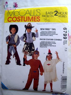 McCall's Pattern #6799 UNCUT Child's (Boy / Girl) Costume Cowboy Cowgirl American Indian Size 7  8