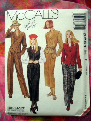 McCalls Pattern # 6751 UNCUT Misses Unlined Jacket Vest Skirt Pants Size 16 18 20