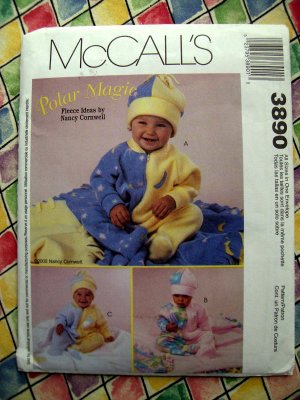 McCalls's Pattern # 3890 UNCUT Infant (Baby) Polar Fleece Jumpsuit Blanket Hat Size Small Med Lg XL