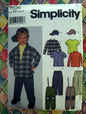 Simplicity Pattern # 7036 UNCUT Toddler / Boys Pants Hat Cap Suspenders Shirt Top 3 4 5 6
