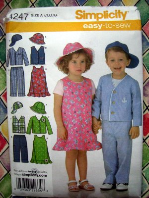 Simplicity Pattern # 4247 UNCUT Toddlers Jumper Pants Jacket Vest Hat Sizes 1/2 1 2 3 4