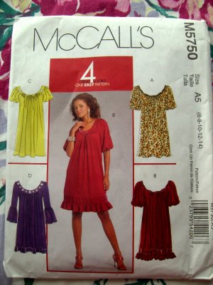 McCalls Pattern # 5750 UNCUT Misses Pullover Dress STRETCH KNITS ONLYS Size 6 8 10 12 14