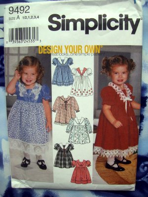 Simplicity Pattern # 9492 UNCUT Infant Toddler Girls Dress Size 1/2 1 2 3 4
