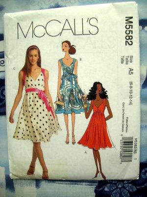 McCalls Pattern # 5582 UNCUT Misses Summer Empire Dress Belt Size 6 8 10 12 14
