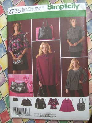 Simplicity Pattern #2735 UNCUT Misses Tunics Bags Cape Size 14 16 18 20 22