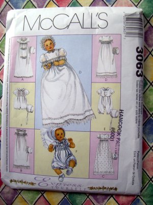HOLD McCalls Pattern # 3063 UNCUT Baby Christening Gown Rompers Bonnets ALL Sizes