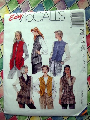 McCall's # 7914 Easy Pattern  Misses VESTS VEST Two Lengths Size 6 8 10