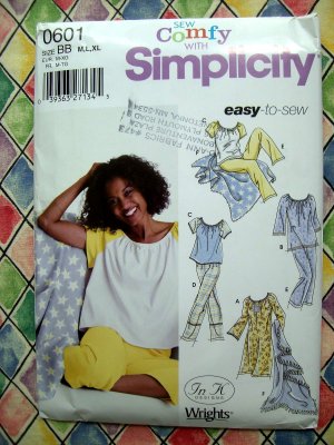 Simplicity Pattern # 0601 UNCUT Misses Pajamas ~ Tops Pants ~ Nightgown Size Medium Large and XL.