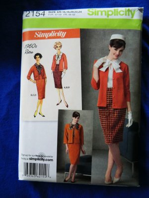 Simplicity Pattern # 2154 UNCUT Retro 1960s Misses Womans Skirt Jacket Blouse Size 16 18 20 22 24