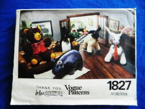 Vogue Pattern # 1827 UNCUT Stuffed Animals Lamb Bear Penguin Hippo Bunny