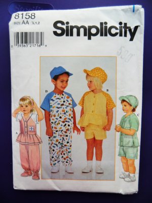 Simplicity Pattern # 8158 UNCUT Baby Toddler Pants Shorts Top Cap Size 1/2 , 1 and 2