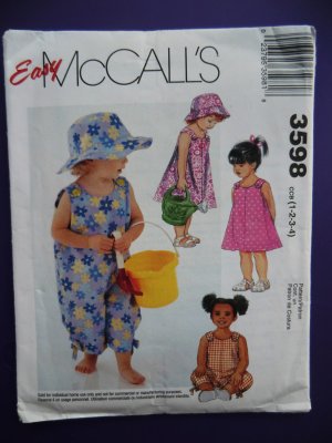 McCalls Pattern # 3598 UNCUT Toddlers Dress Romper Hat Size 1 2 3 4