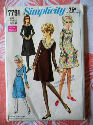 Simplicity Pattern # 7791 UNCUT Misses Dress Size 14 Bust 36 Vintage 1968