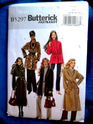 Butterick Pattern # 5297 UNCUT Misses Coat Jacket Belt Size 6 8 10 12