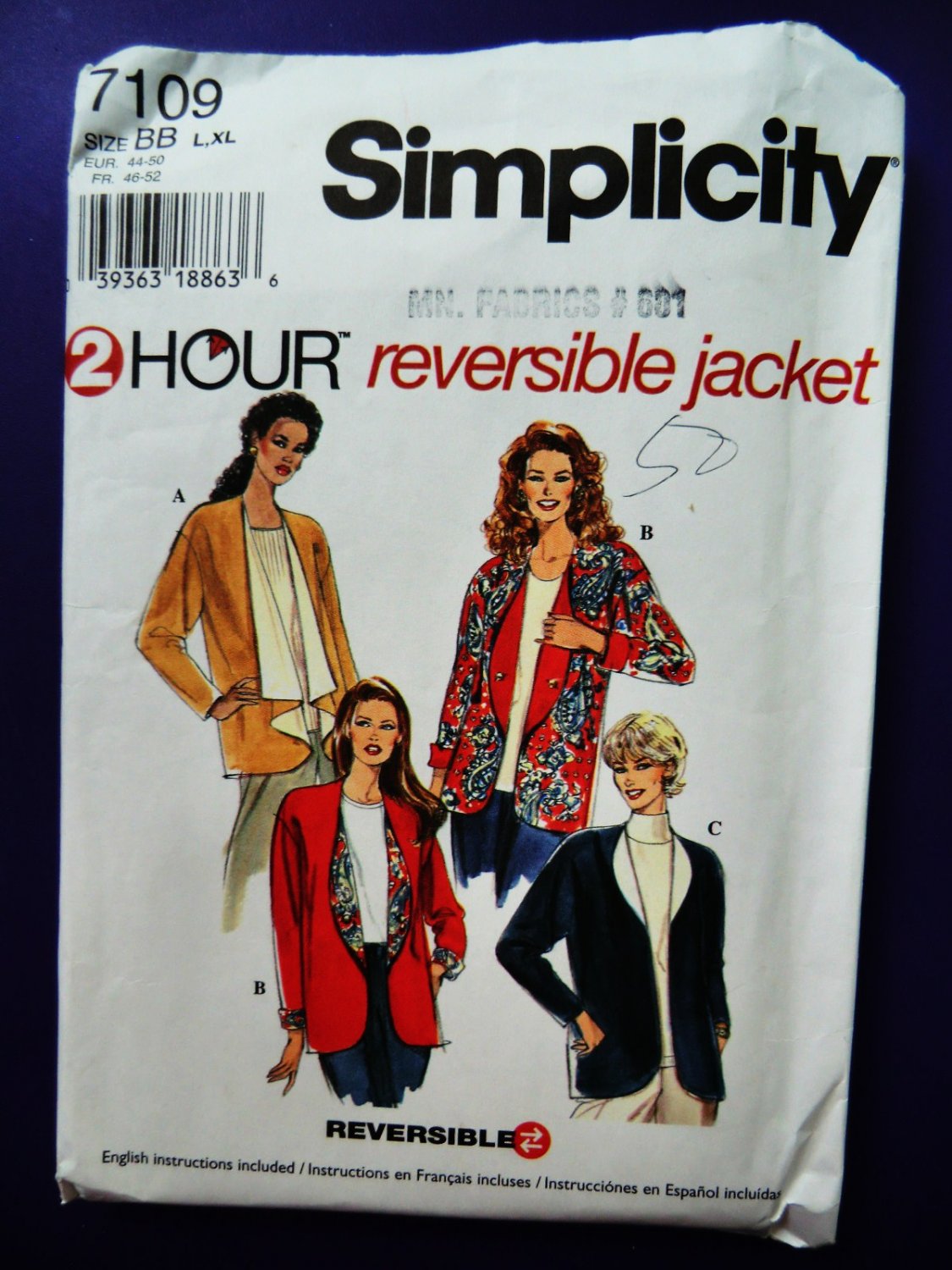 Simplicity Pattern # 7109 UNCUT Misses Reversible Jacket Size Large XL