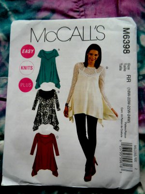 McCalls Pattern # 6398 UNCUT Misses Tunic STRETCH KNITS Size 18 20 22 24