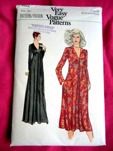 Vogue Pattern # 9922 UNCUT Misses V-Neck Dress Size 16 1/2