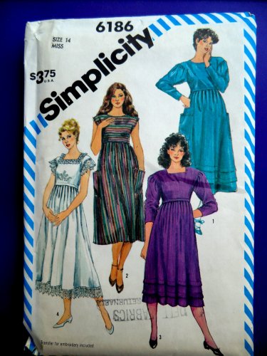 Simplicity Pattern # 6186 Loose Fitting Empire Waist Dress Size 14 Vintage 1983