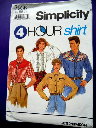 Simplicity Pattern # 7936 UNCUT Mens Womans Western Cowboy Shirt Size Large XL (Extra Large)