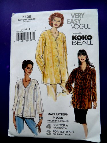 Vogue Easy Pattern # 7725 UNCUT Misses Blouse/Top Size 14 16 18 Koko Beall Designer