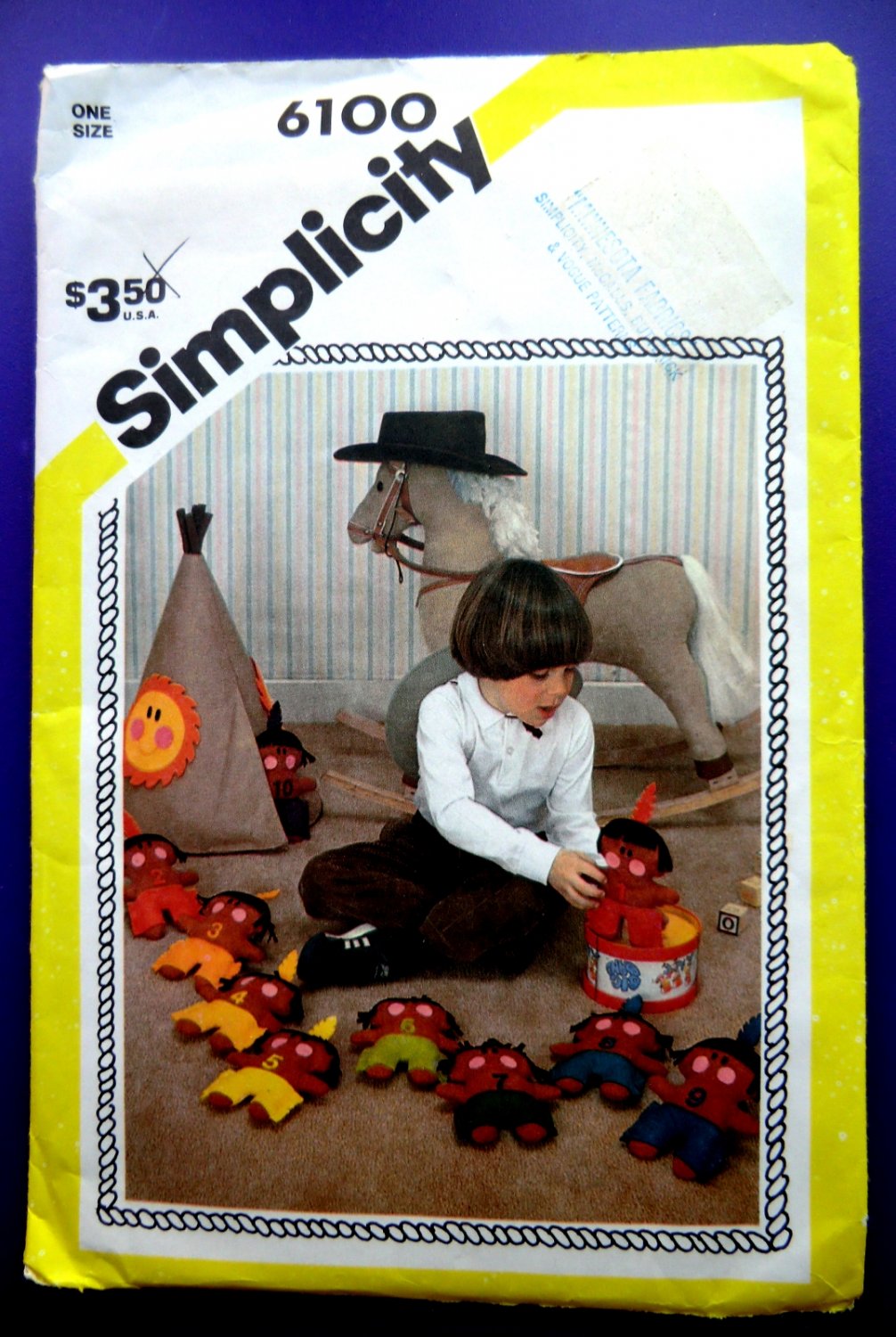 Simplicity Pattern # 6100 UNCUT Vintage Soft Felt Toys Indians Teepee